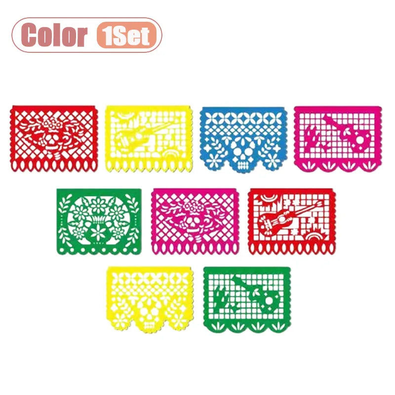 A set of five colorful papel picado bunting banners featuring intricate cut-out designs for Mexican celebrations.