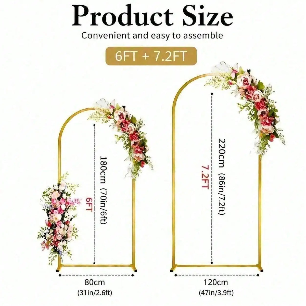 Gold metal arch backdrop stand set showing dimensions for convenient and easy assembly.