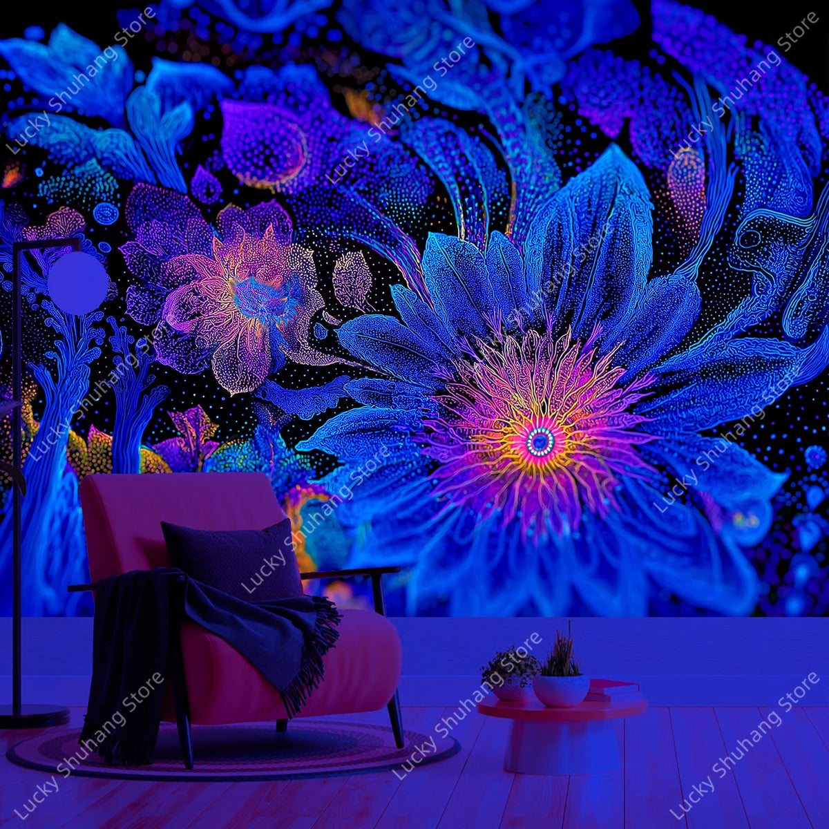 A vibrant blue and purple psychedelic tapestry featuring glowing geometric patterns displayed in a dark setting.