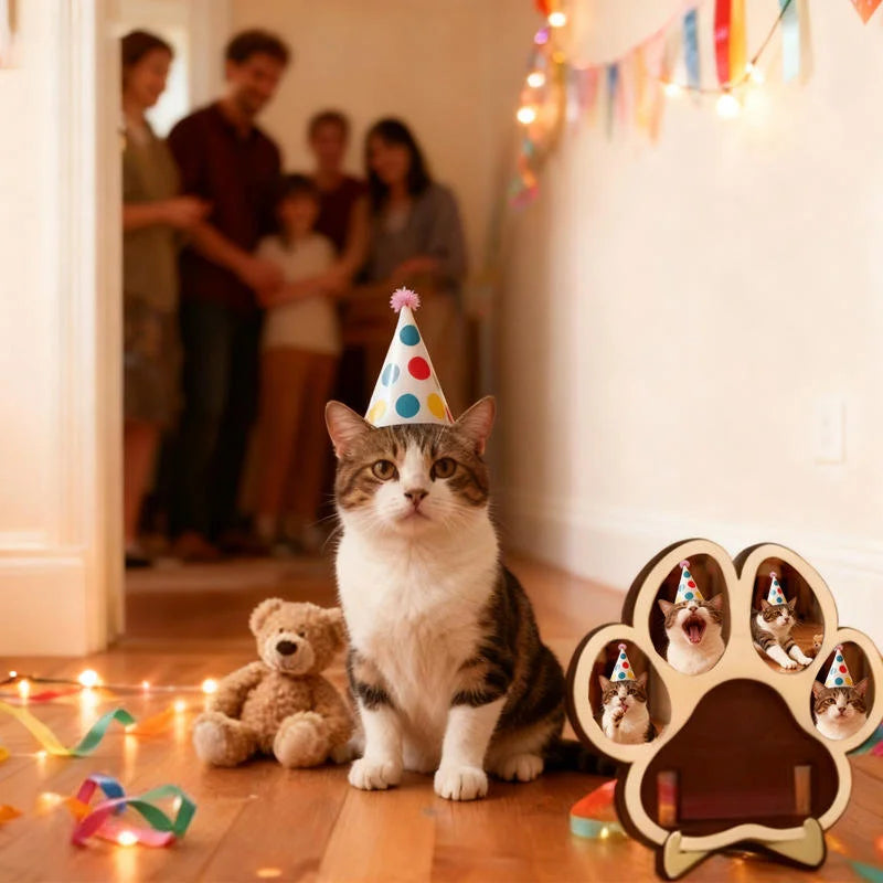 A tabby cat sits in front of a wooden paw-shaped frame decorated with small conical party hats.