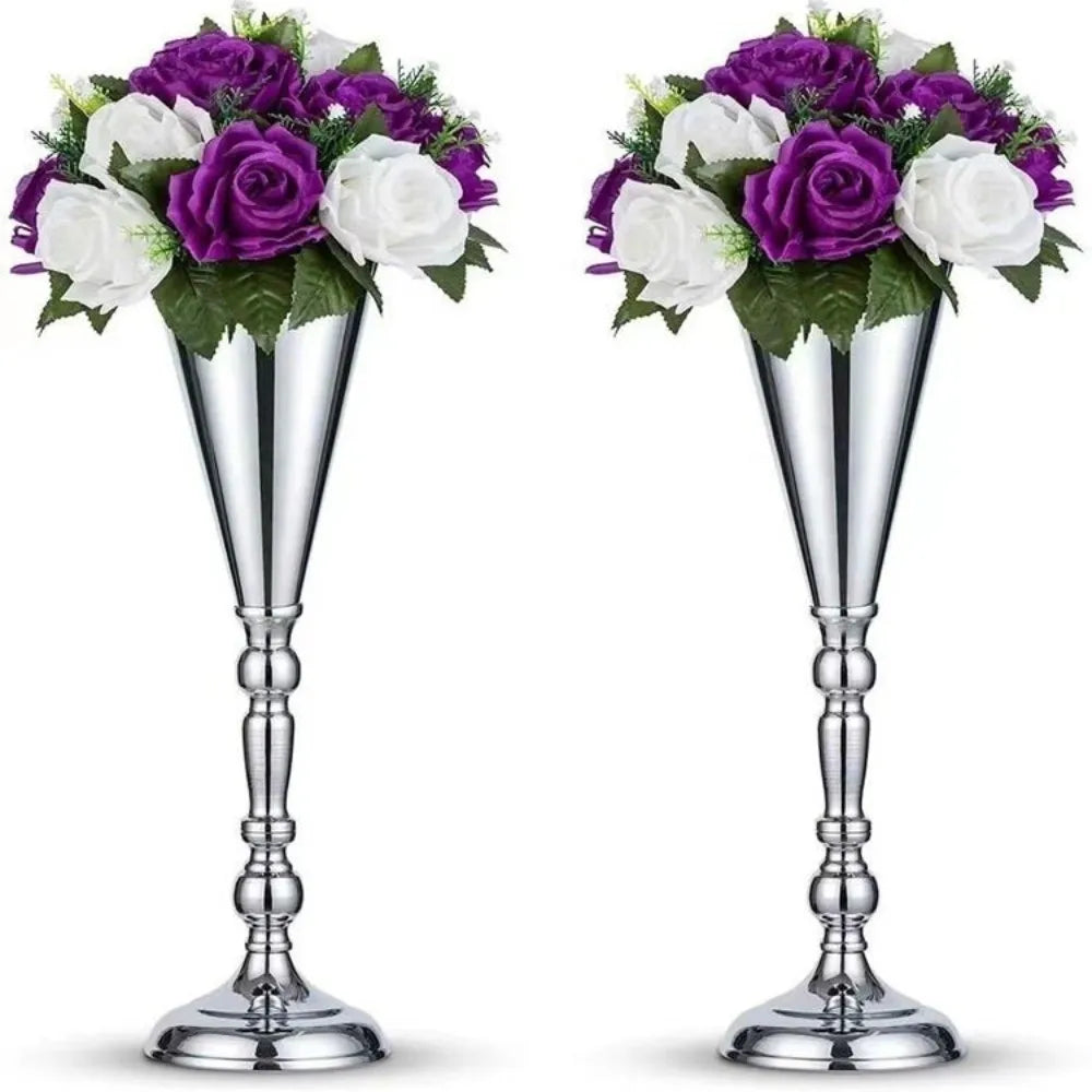 Elegant golden silver wedding flower vases with purple and white roses