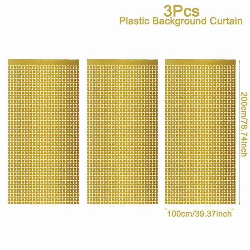 Three pieces of gold sequin glitter plastic background curtain for events