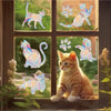 Rainbow suncatcher window stickers featuring cats and butterflies on a window pane.