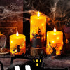 A collection of glowing pillar candles in various sizes and colors set against a dark, spooky Halloween backdrop.