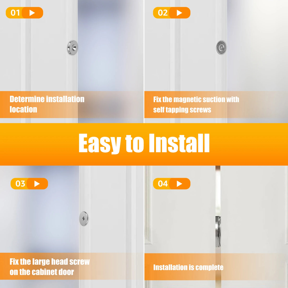 Installation steps for heavy duty metal cabinet door magnetic closers showing how to determine location, fix suction, and com
