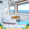 A white bedroom wall decorated with magnetic cruise door decorations featuring friends and cruise themes.