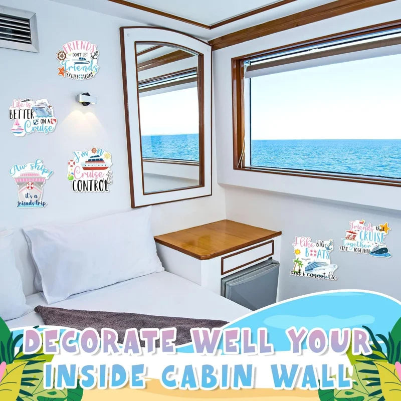 A white bedroom wall decorated with magnetic cruise door decorations featuring friends and cruise themes.