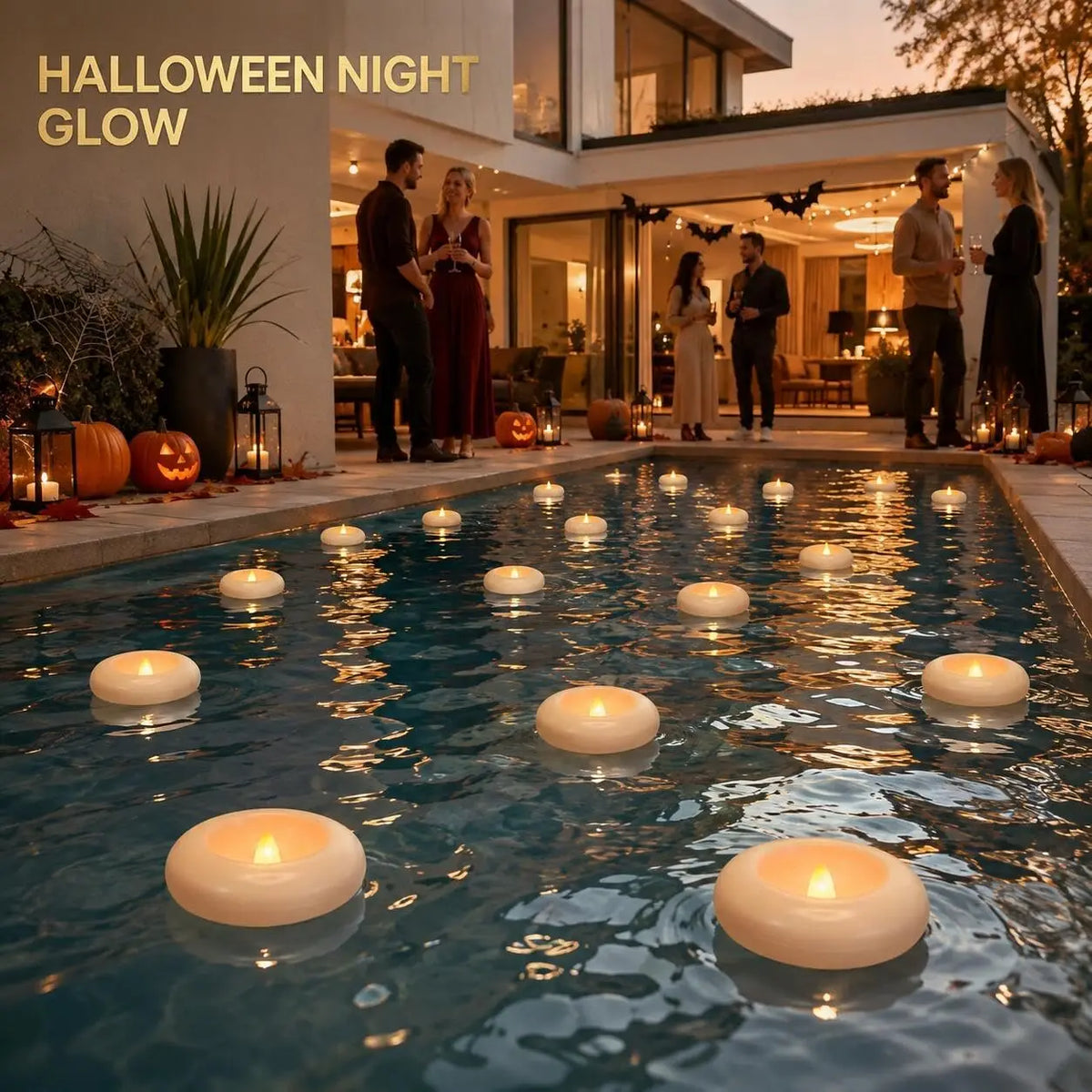 A nighttime scene featuring floating candles on a swimming pool surrounded by modern architecture.
