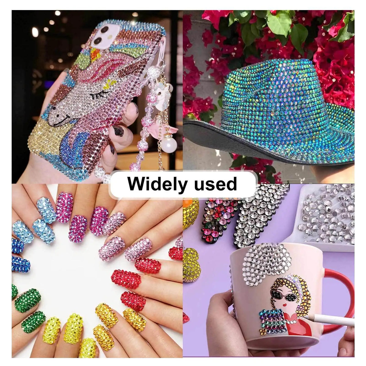 A collection of colorful resin and rhinestone gems used for DIY crafts, including a sparkly hat and various jewelry pieces.