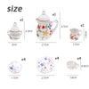 A set of miniature porcelain tea items including a teapot, cup, and saucer for a dollhouse.