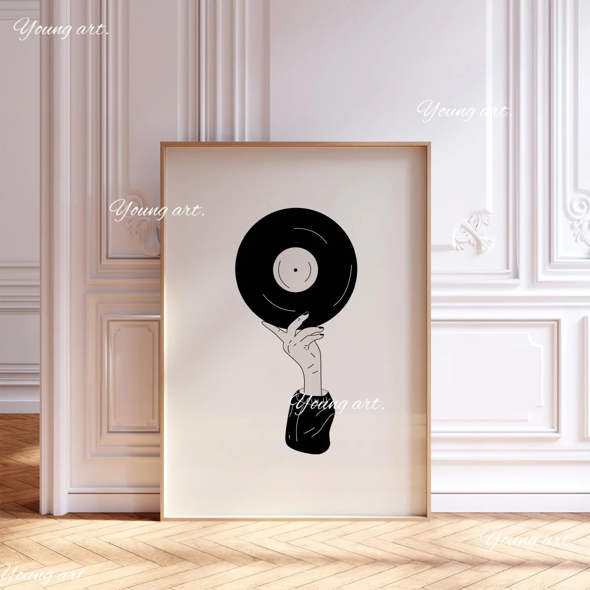 A minimalist line drawing of a hand holding a black vinyl record on a white canvas print.