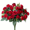 A bouquet of deep red silk roses and green eucalyptus leaves for wedding or home decor.