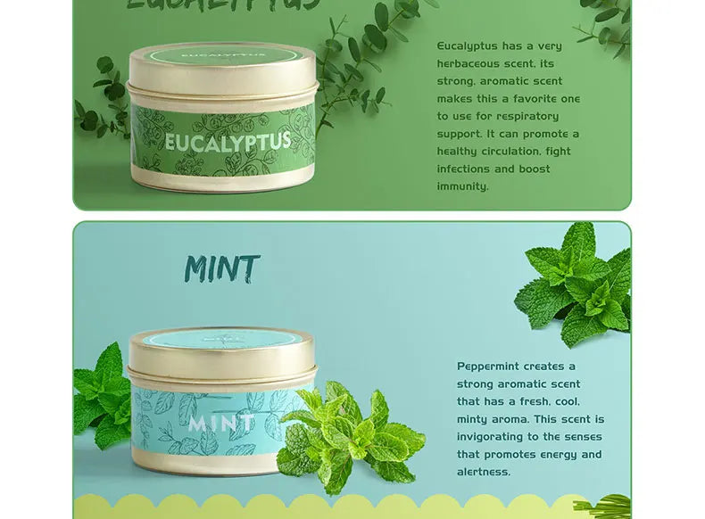 Two product containers, one labeled Eucalyptus and one labeled Mint, showing natural soy wax travel candles.