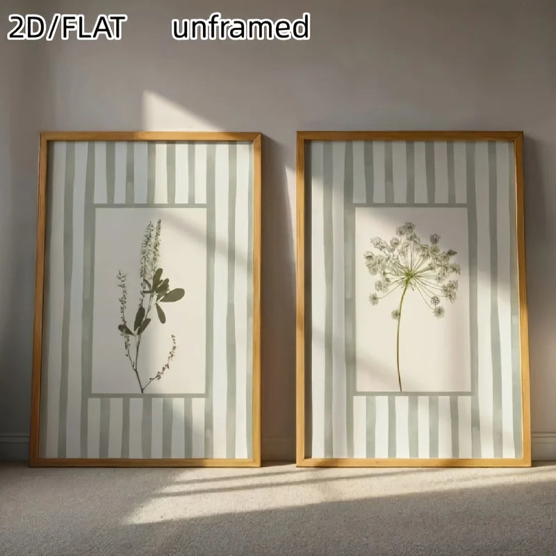 Set of two unframed 2D flat canvas prints featuring sage green floral designs in striped frames.
