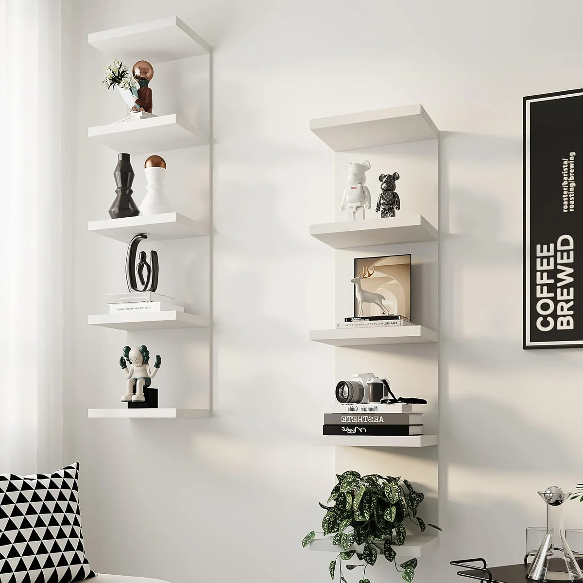 A white five-tier wall-mounted storage shelf displaying various decorative objects and books.