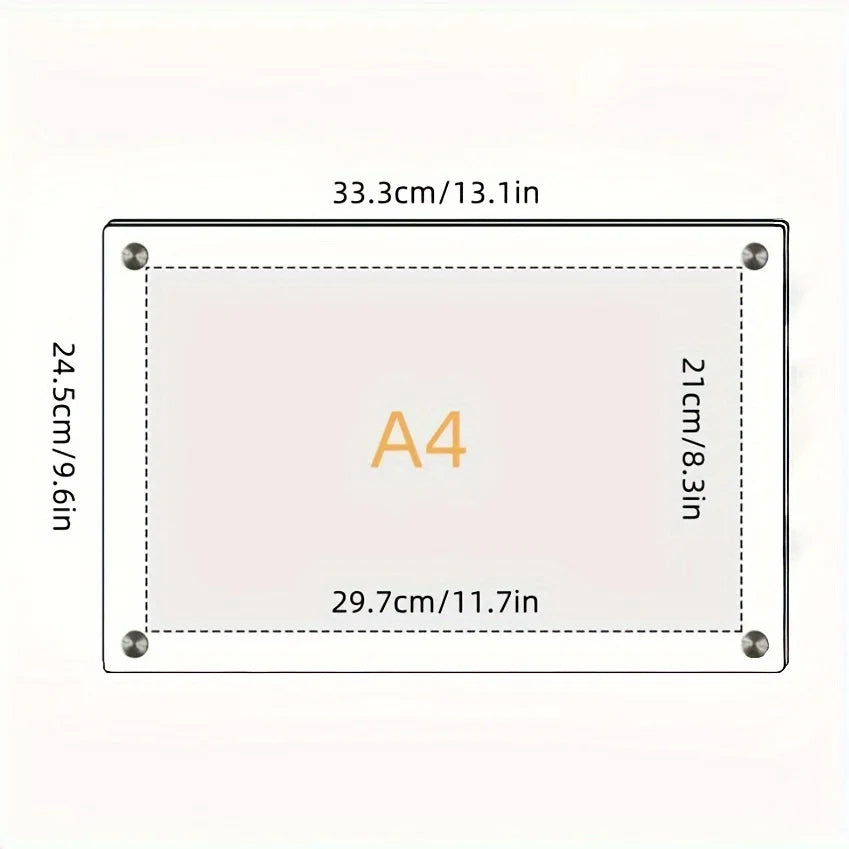 A rectangular acrylic photo frame measuring 33.3cm by 21cm with a floating display.