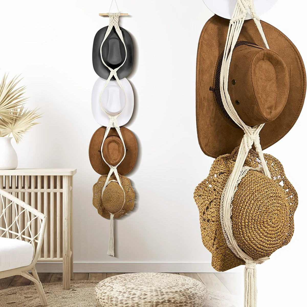 Bohemian macrame hat hanger in beige and white hanging on a wall