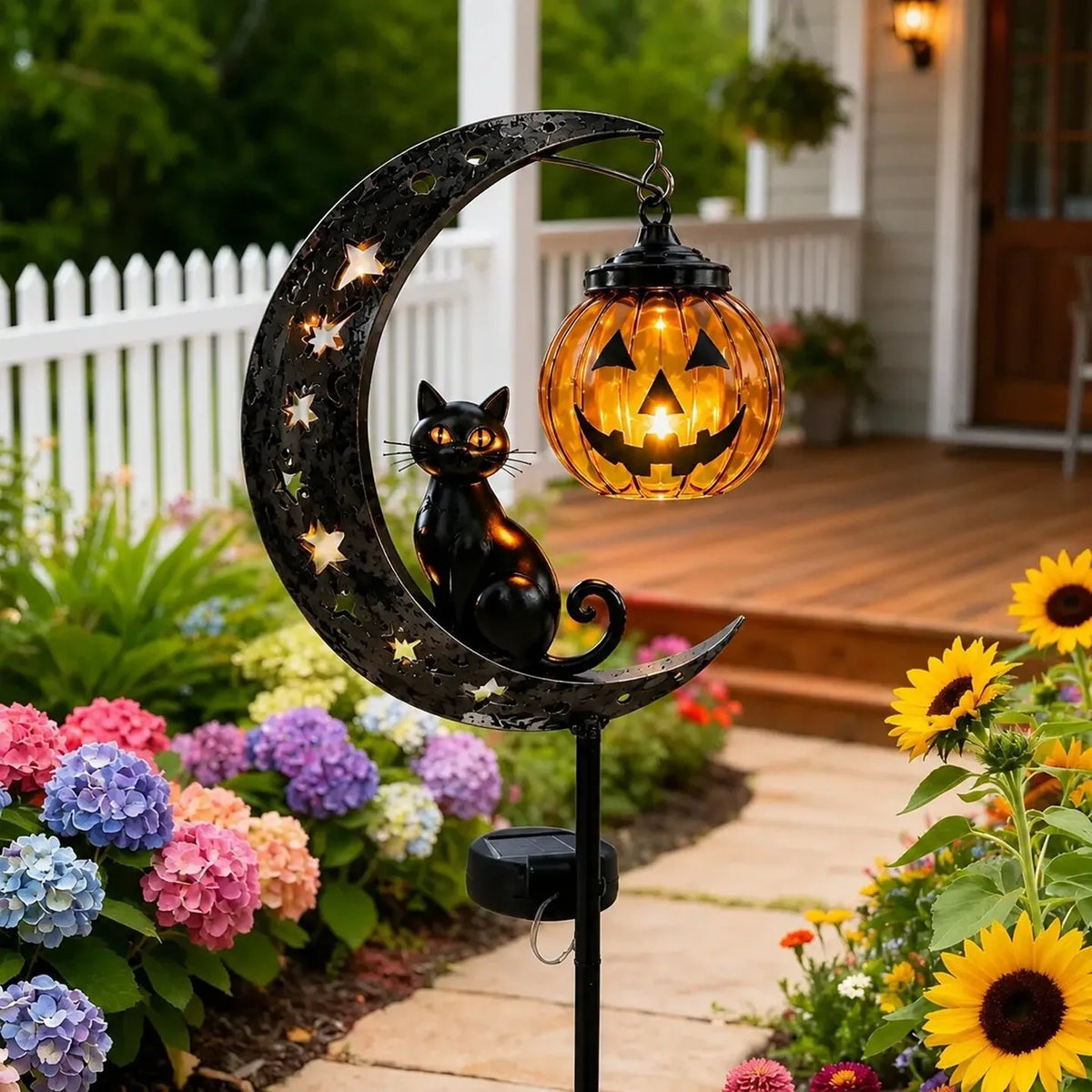 A black cat silhouette is featured on a metal crescent moon stake light with an orange pumpkin glass bulb in a garden setting