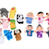 A collection of plush finger puppets featuring various animal characters like a gray bear, yellow duck, and smiling human fig