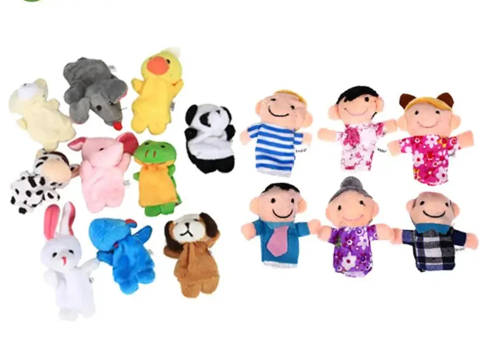 A collection of plush finger puppets featuring various animal characters like a gray bear, yellow duck, and smiling human fig