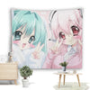 A tapestry featuring an anime girl with long mint green hair and pink accents, suitable for bedroom decor.
