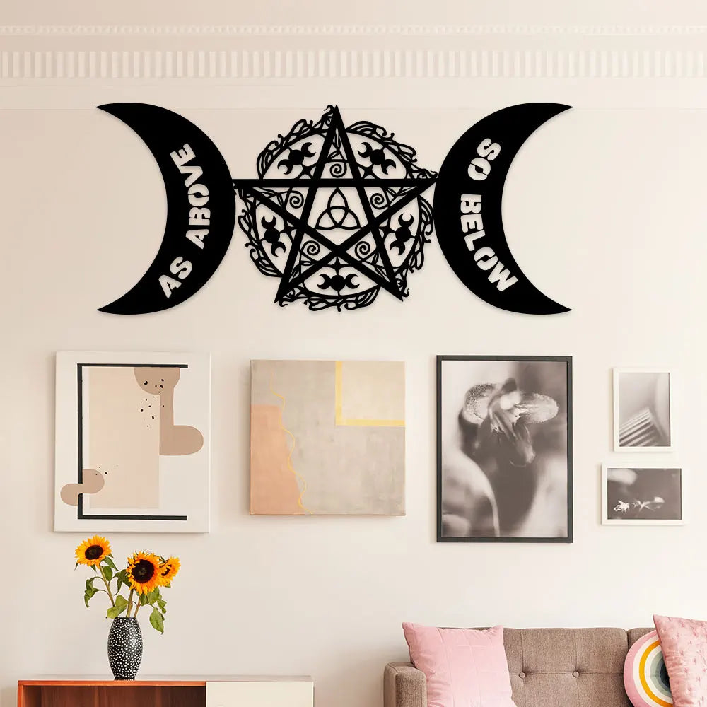 Black metal wall art featuring a pentagram design with crescent moon shapes above and below