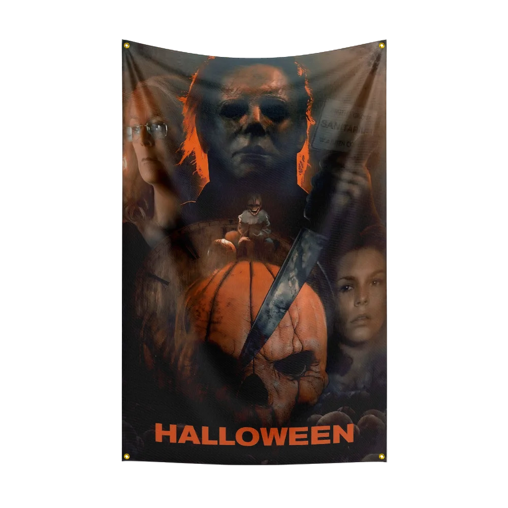 A dark, intense poster featuring a menacing figure resembling Michael Myers and a carved pumpkin for Halloween decor.