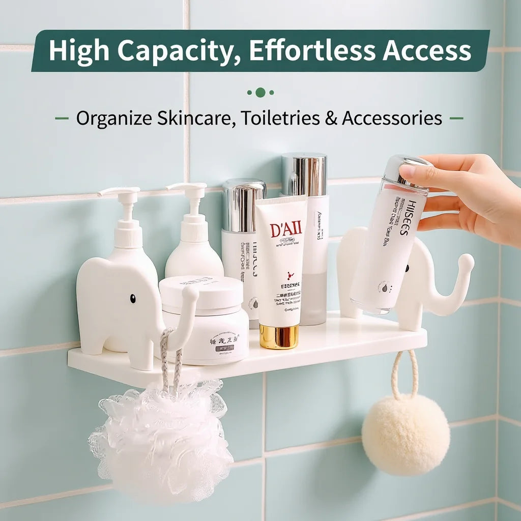 White adhesive elephant storage rack organizing skincare, toiletries, and accessories on a wall shelf