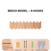 Beech model wall coat rack featuring eight wooden hooks for hanging items.
