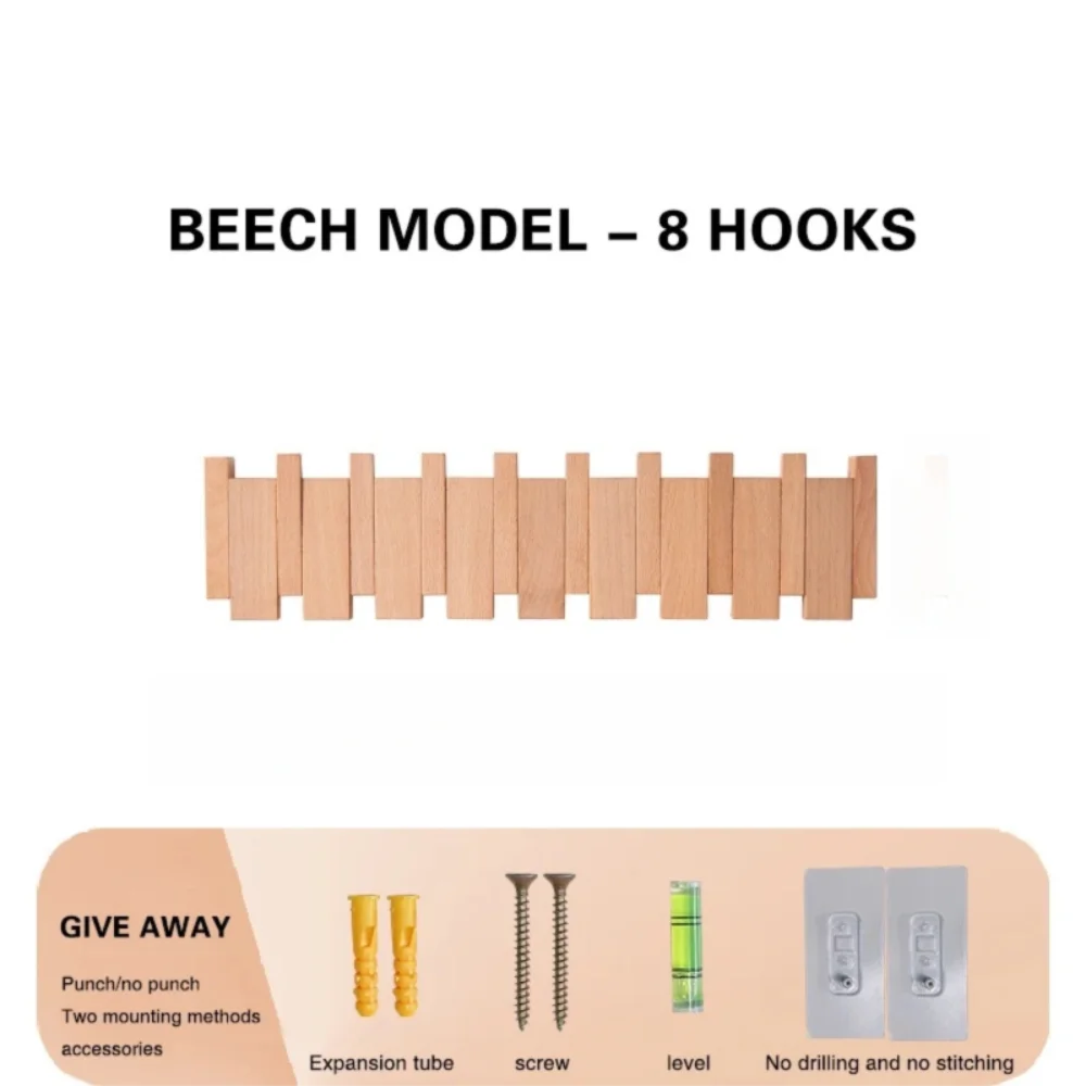 Beech model wall coat rack featuring eight wooden hooks for hanging items.