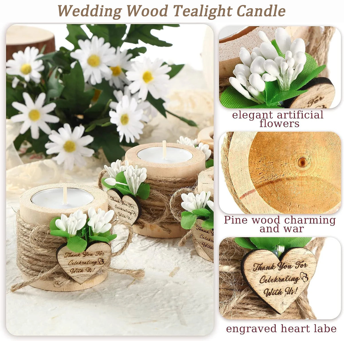 Wooden Tealight Candle Holders with Heart-Shaped Tags — Wedding & Baby Shower Favors