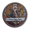 A commemorative coin featuring the Archangel Michael with wings and a sword, surrounded by decorative borders.