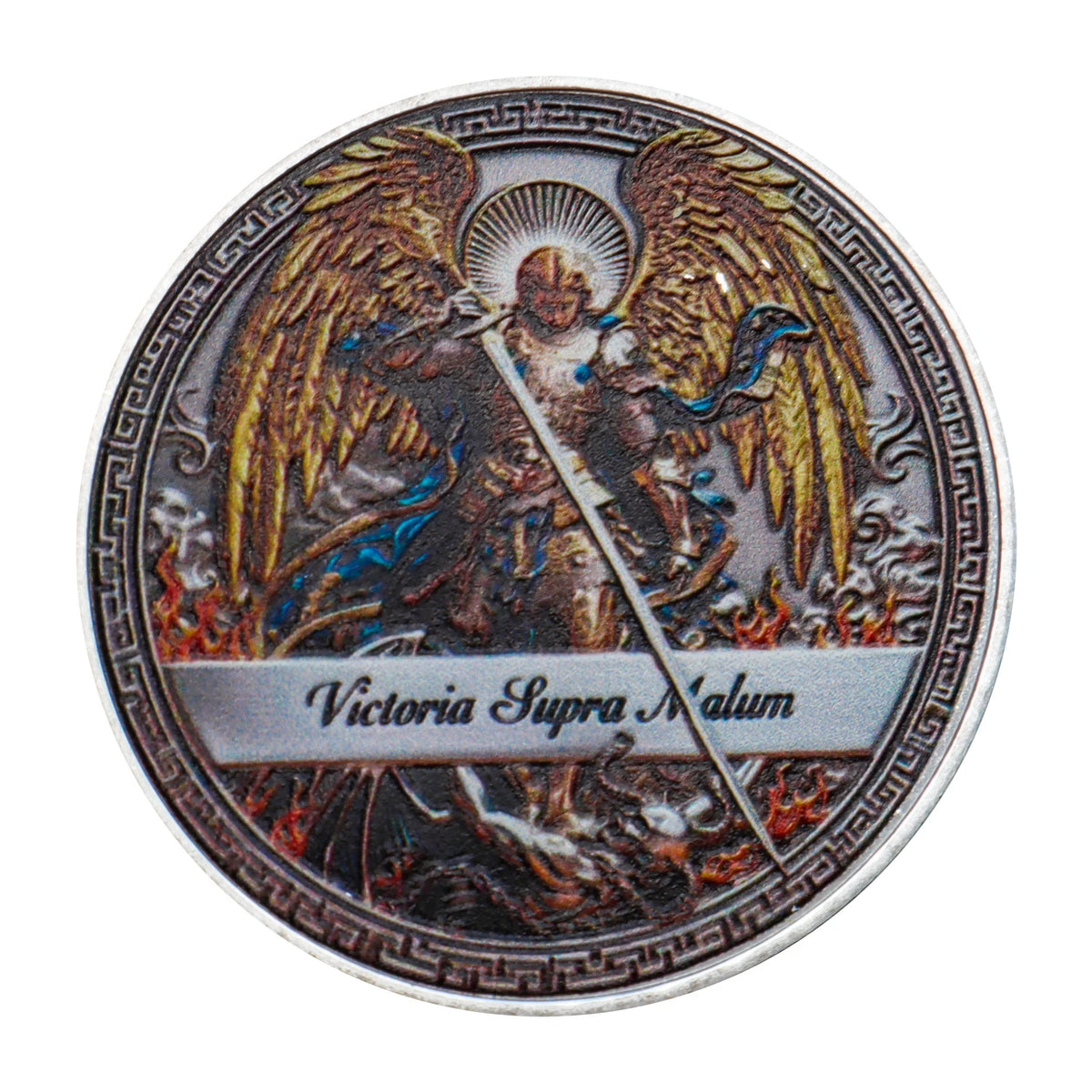 A commemorative coin featuring the Archangel Michael with wings and a sword, surrounded by decorative borders.