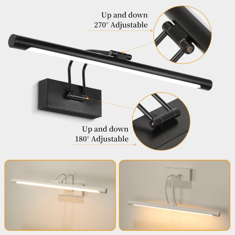 A modern dimmable LED wall lamp with an adjustable swing arm mounted on a black fixture.