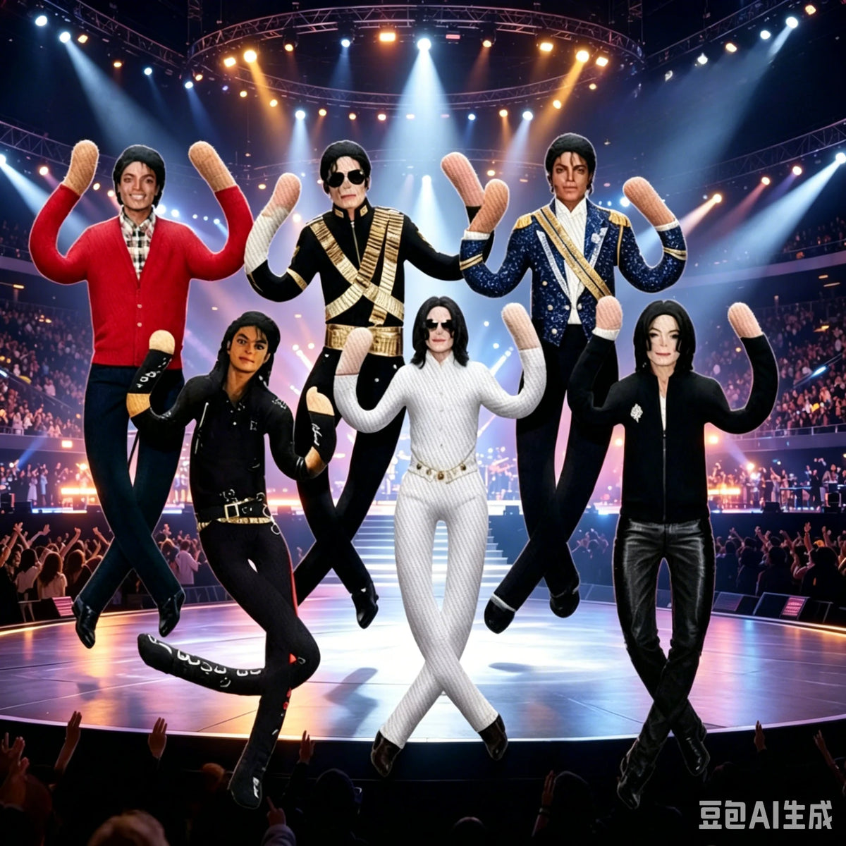 A group of six collectible plush figures dressed in various outfits performing on a stage with bright spotlights.