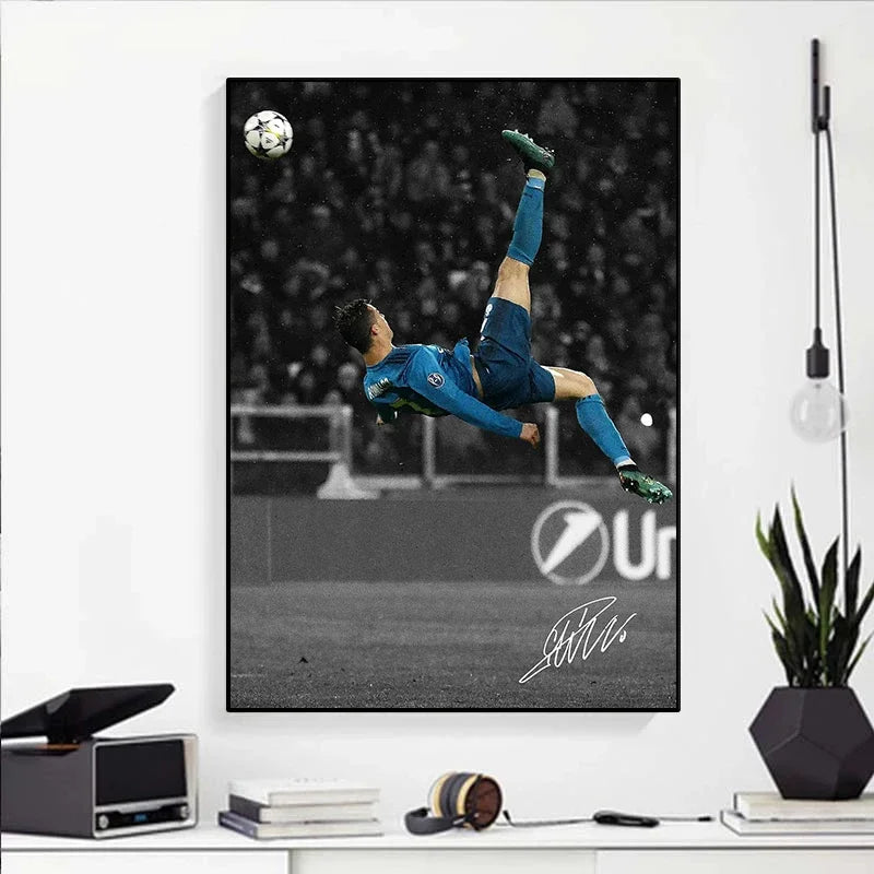 A black and white canvas print of a soccer player kicking a ball during a match.