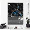 A black and white canvas wall art depicting a soccer player kicking a ball during a match.