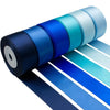 A roll of satin silk ribbon in various shades of blue and teal, showing the colorful ribbons unwound.