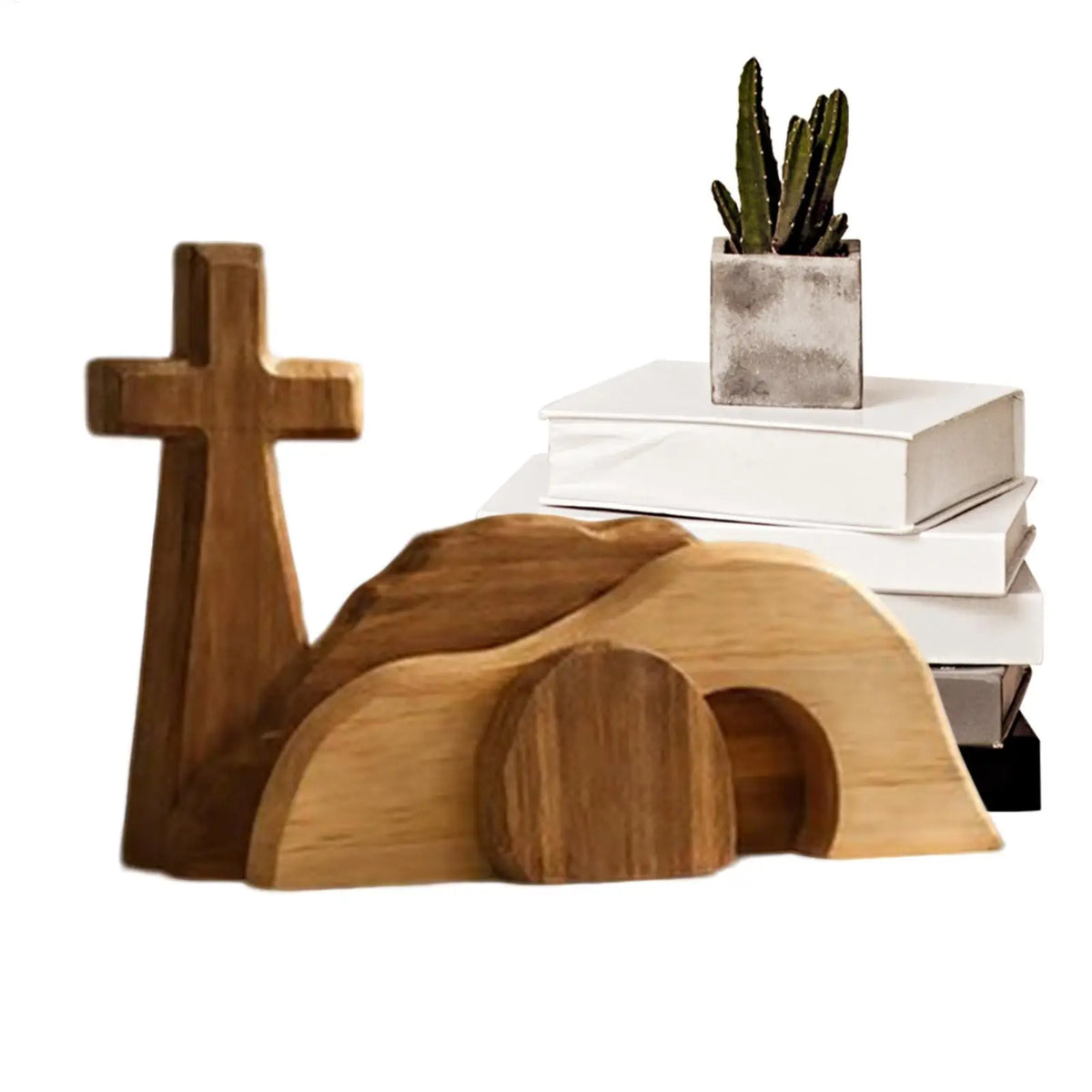 Wooden Easter empty tomb scene decoration featuring a cross and a landscape with a potted succulent plant.