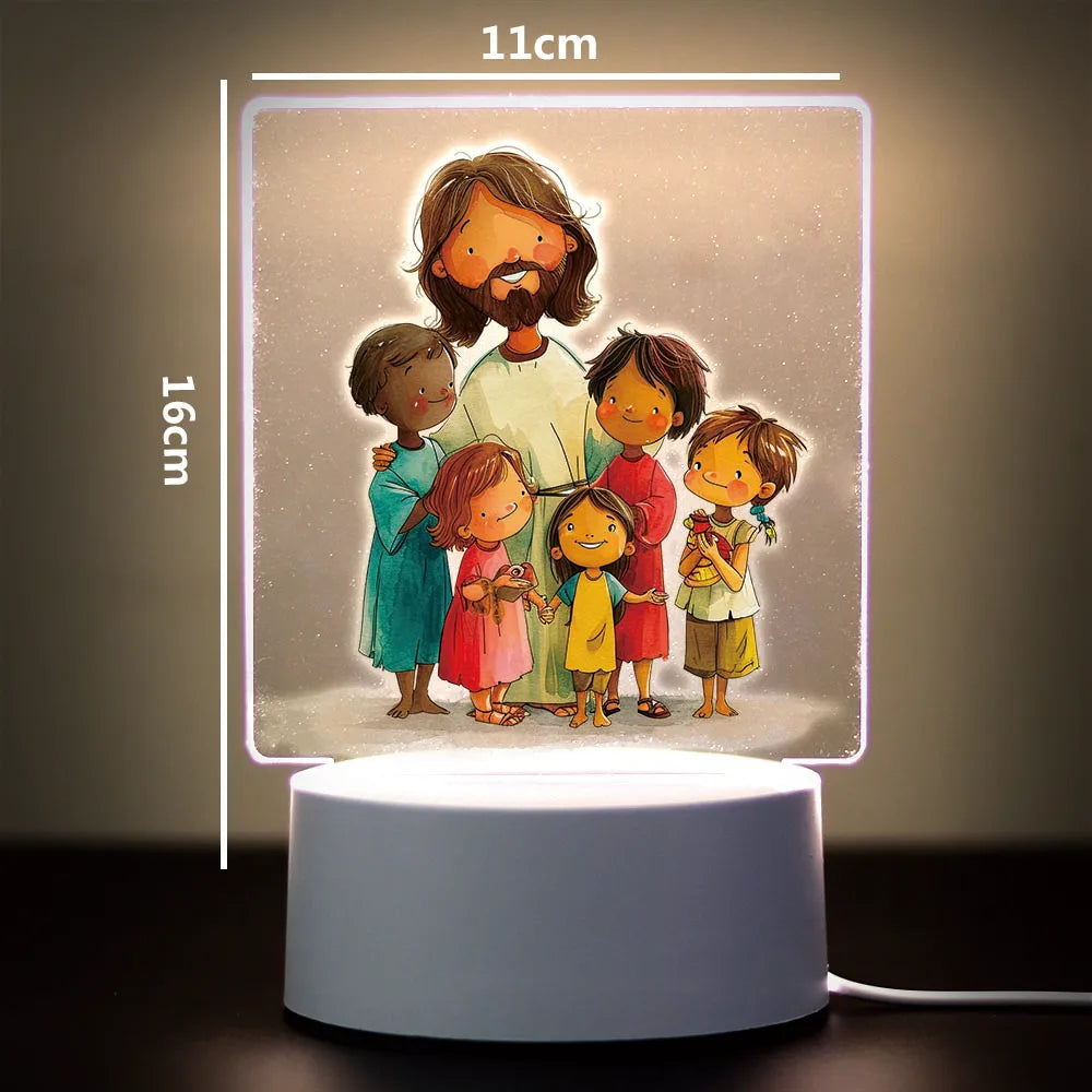 A 3D LED night light featuring a family of seven children and one adult, illuminated on a square panel.