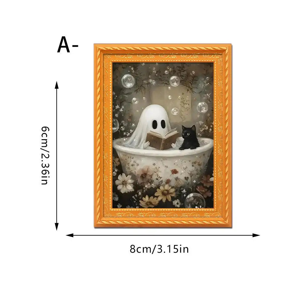 A framed picture featuring a white ghost and a black cat in a decorative frame.