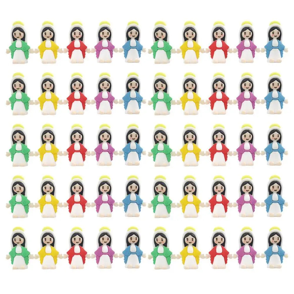 A row of mini Maria religious desktop figurines in various colors and outfits.