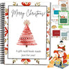 A spiral-bound book of festive Christmas gift cards featuring a red and white Christmas tree design.