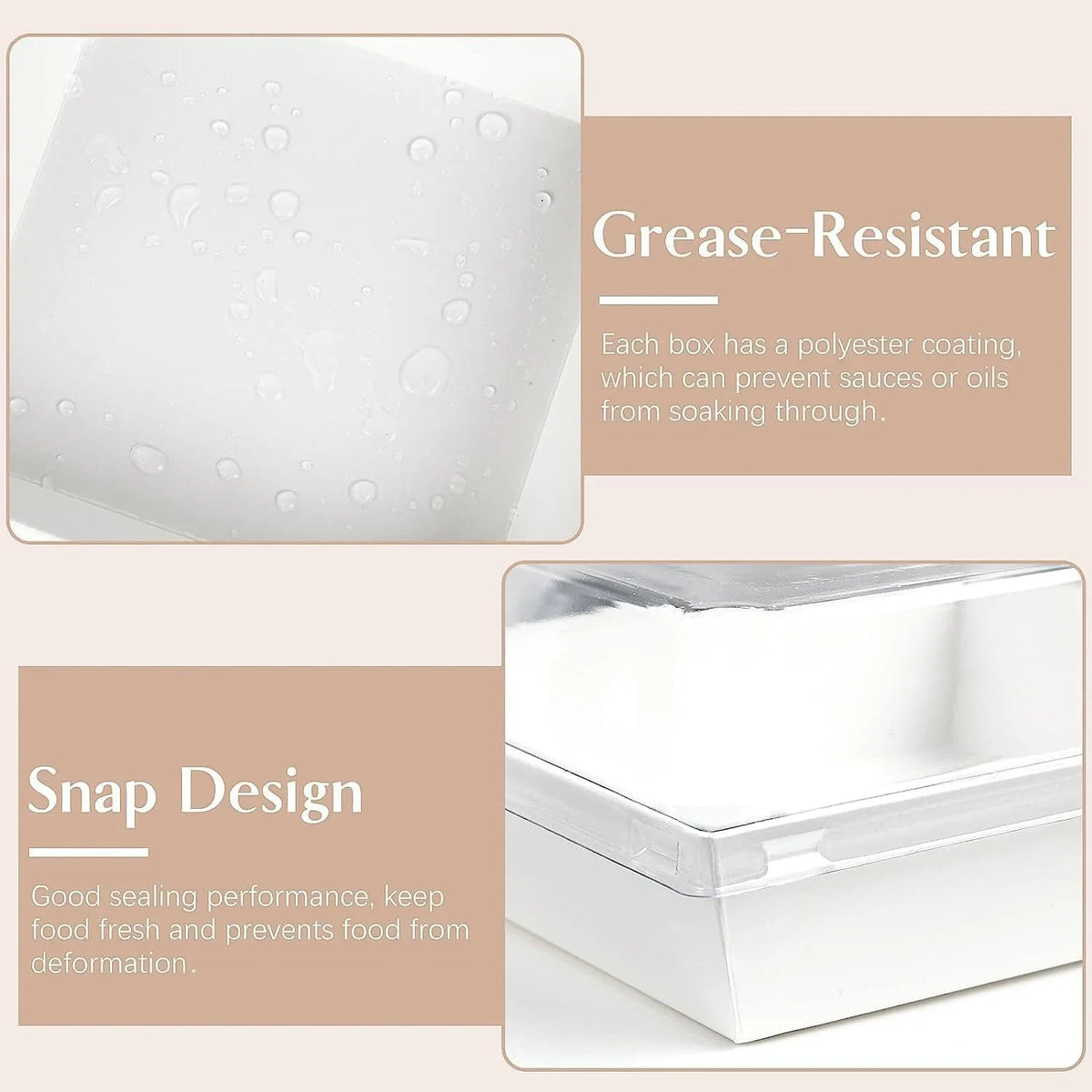 Close-up view of clear lidded paper sandwich boxes highlighting grease resistance and snap design features.