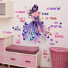 A wall decal featuring a woman with dark hair surrounded by colorful butterflies and flowers on a white wall.