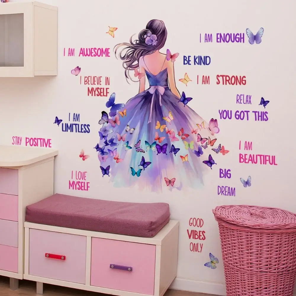 A wall decal featuring a woman with dark hair surrounded by colorful butterflies and flowers on a white wall.