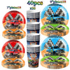 A set of 40 disposable plates, cups, and a backdrop featuring monster trucks for a birthday party decoration kit