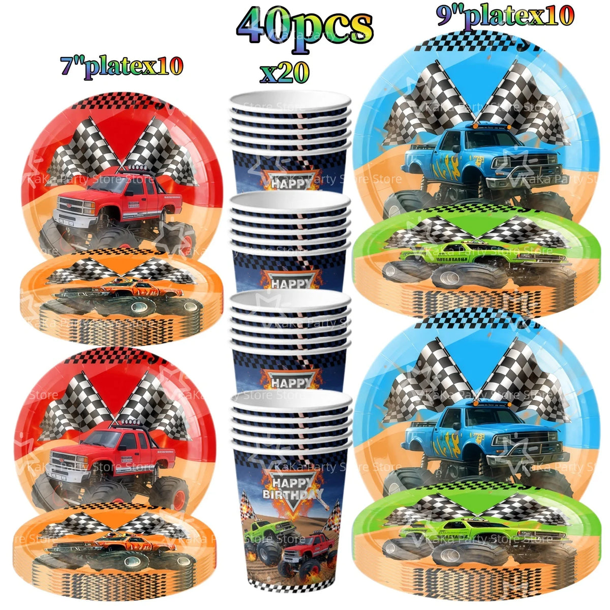 A set of 40 disposable plates, cups, and a backdrop featuring monster trucks for a birthday party decoration kit
