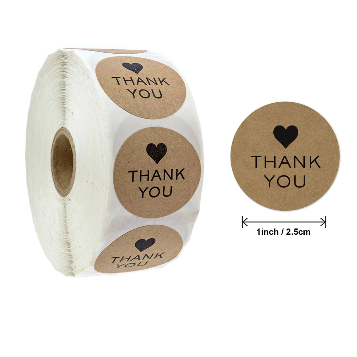 Roll of kraft paper thank you stickers with round labels featuring a heart design