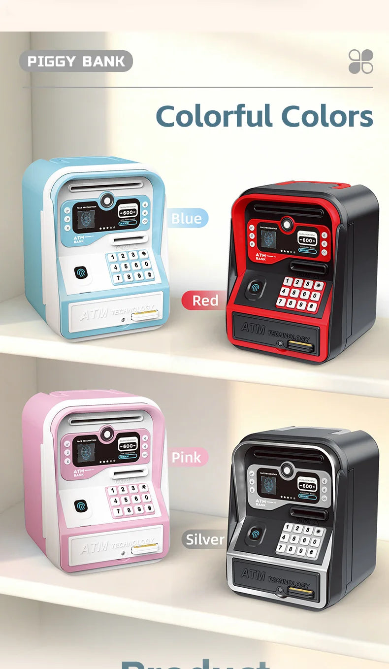 Exposition de quatre distributeurs automatiques Piggy Bank de couleurs bleu, rouge, rose et argent.
